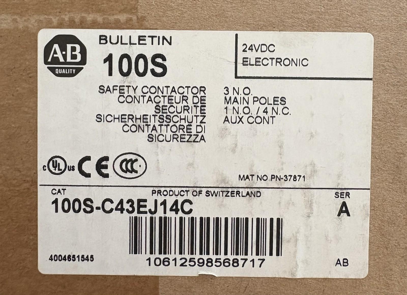 Allen-Bradley 100S-C43EJ14BC Safety Contactor 24VDC 30 HP 43A 3-Pole with Aux