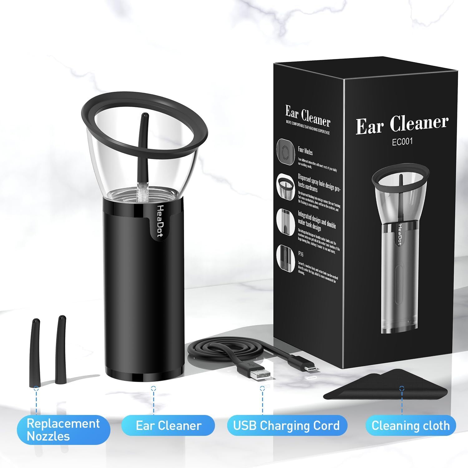 Electric Ear Wax Removal Retractable Water Ear Wax Cleaner Kit IPX6 ,4 Modes
