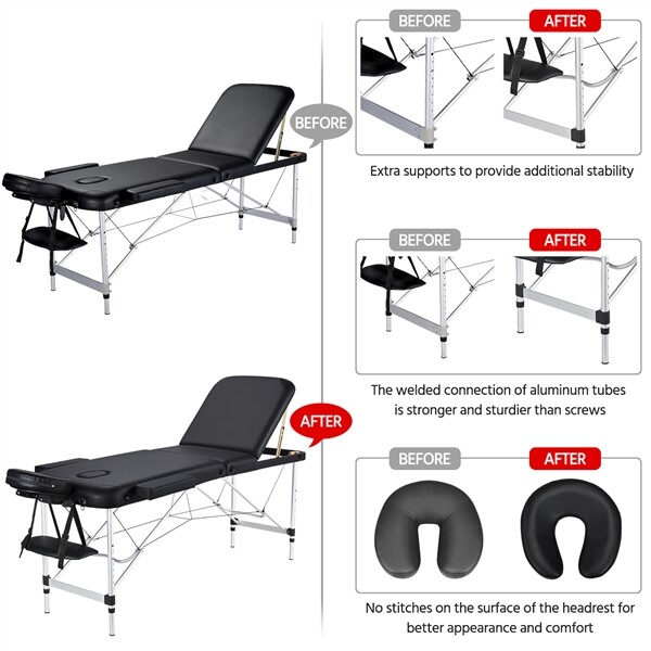 Aluminium Massage Table Portable Beauty Bed 3 Fold Tattoo Bed Black 84'' Renewed
