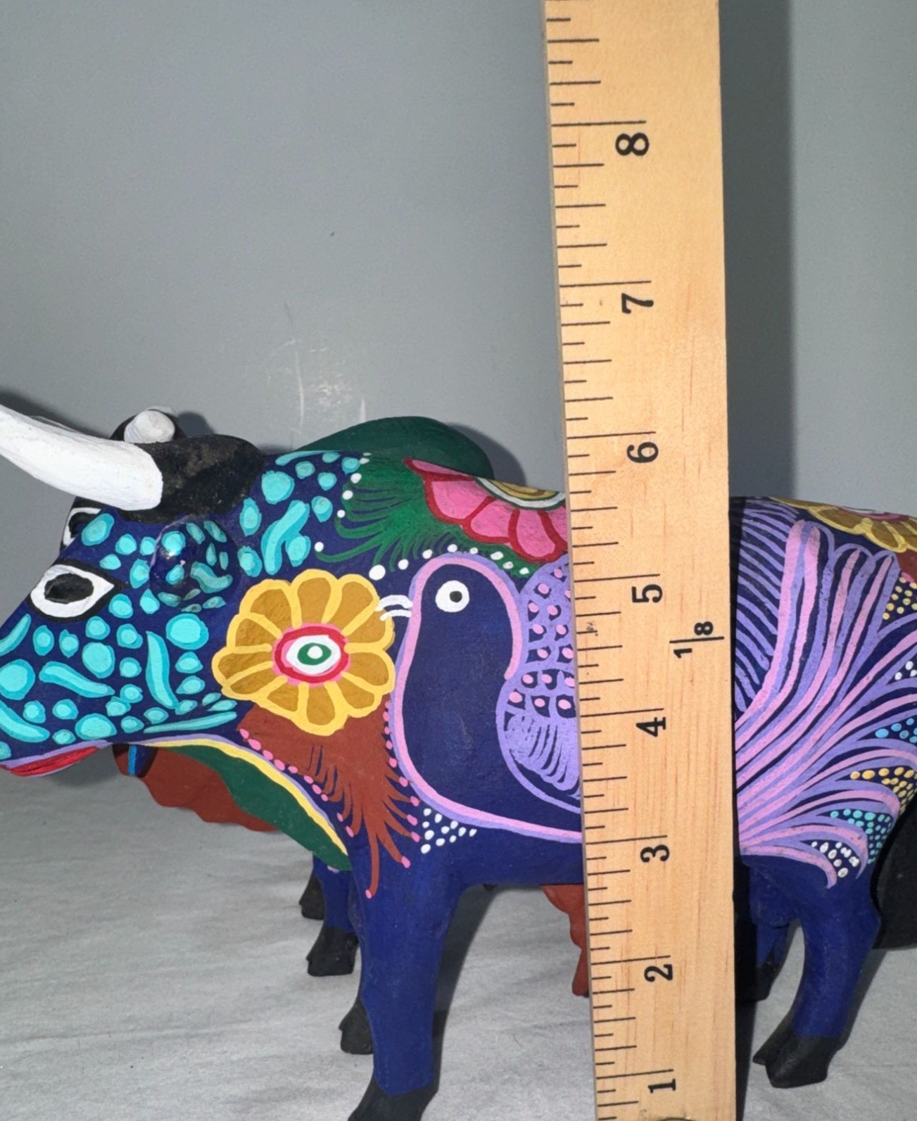 Hand Carved Alebrije Wooden Ox Folk Art Figurines Multicolor 2 Pieces