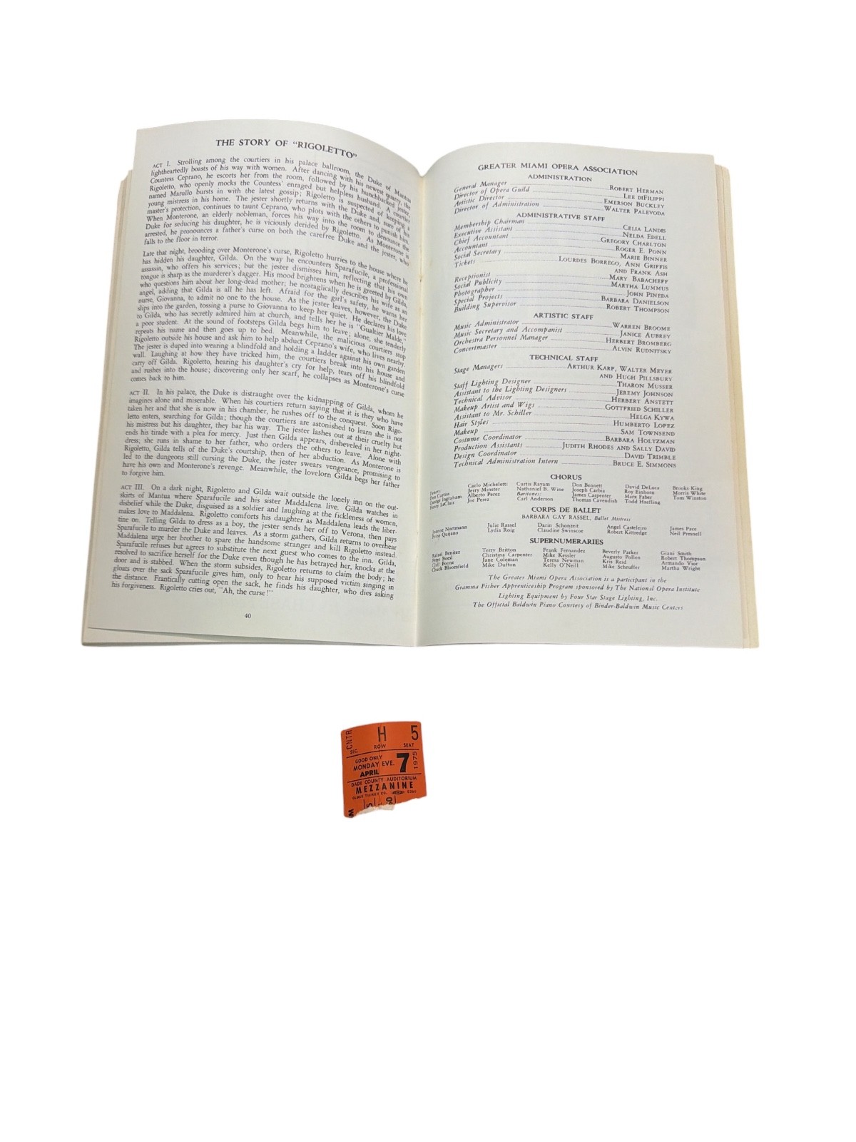 Vintage Rigoletto Opera Program 1975 Greater Miami Intl Opera w Ticket Stub