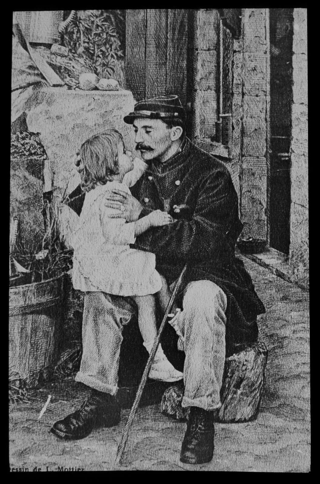 A FRENCH SOLIDER WITH HIS CHILD CIRCA WW1 Magic Lantern Slide