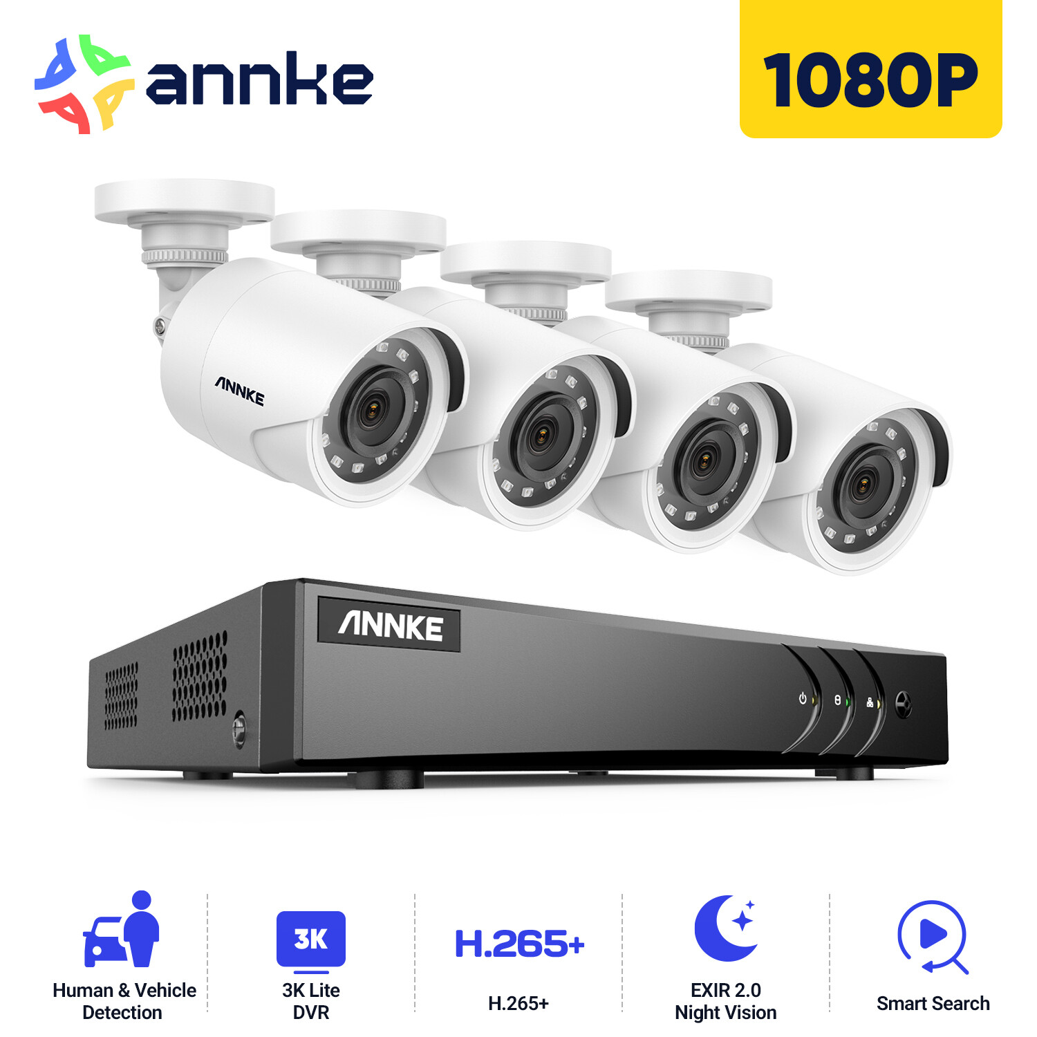 ANNKE 1080P CCTV Security Camera System 8CH 5MP Lite DVR Outdoor Human Detection