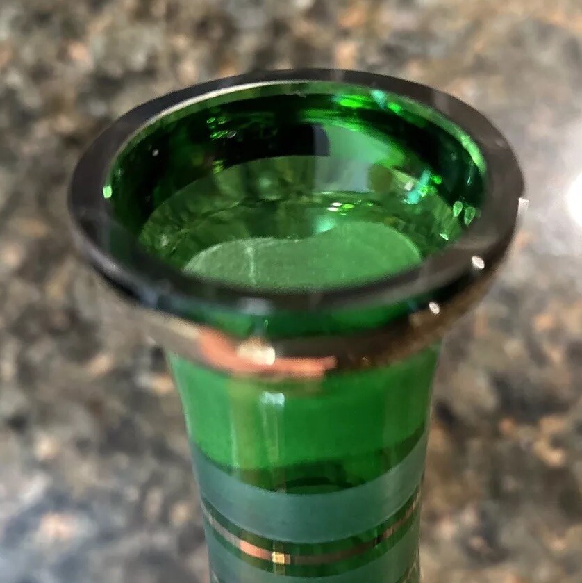 Borske Sklo Gold Banded Green Glass Decanter Mid Century Genie Jeannie Bottle