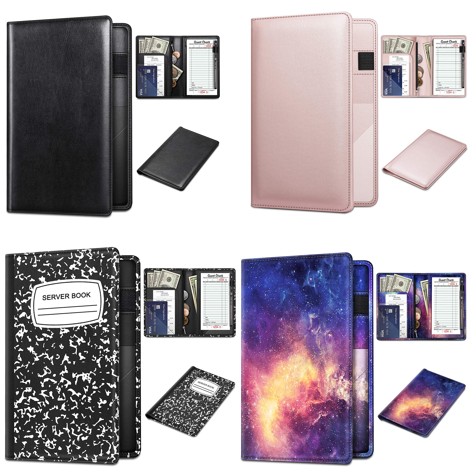 Server Book Organizer Zipper Pocket for Waitress Waiter Bartender Card Holder