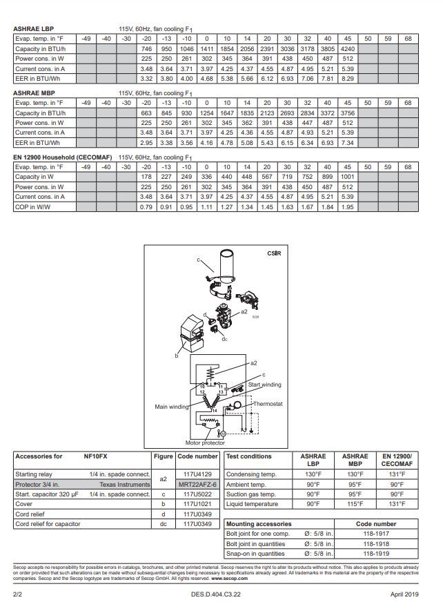 Secop NF10FX R134a Hermetic Refrigeration Compressor 1046 BTU LBP 3756 BTU HBP