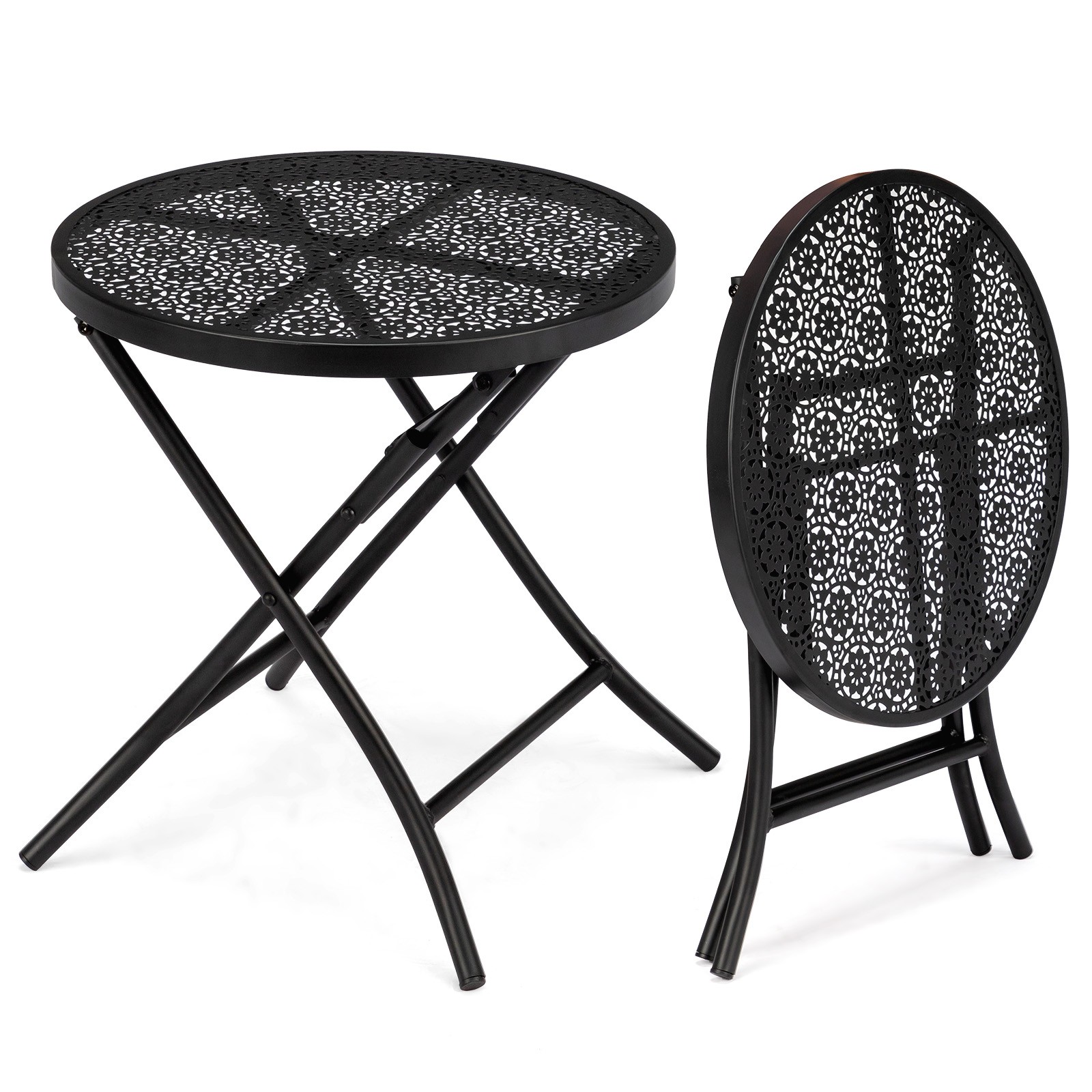 Folding Outdoor Side Table with Flower Cut Outs Weather Resistant Steel Patio