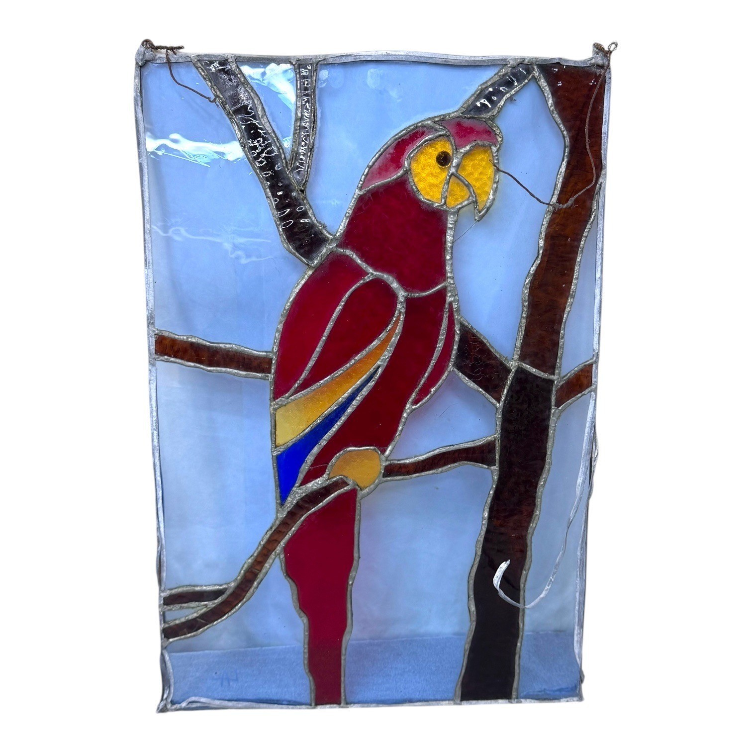 Handcrafted Signed Stained Glass Scarlet Macaw Parrot Wall Art Artisan Panel 18"