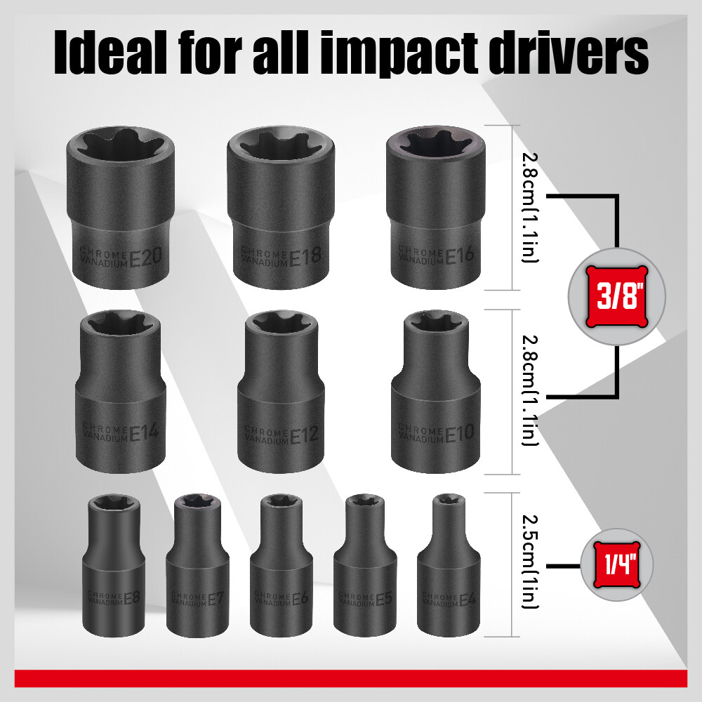 11PC Female E-TORX Star Socket Set External E4-E20 Torque 3/8" 1/4" Dr. & Rail