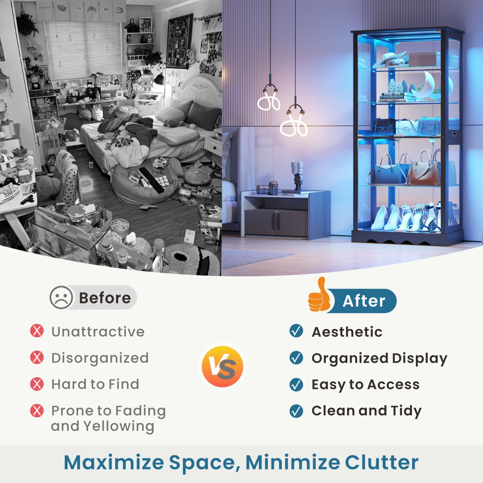 Black Display Cabinet with RBG Lights, 5-Tiers Display Cases for Collectibles