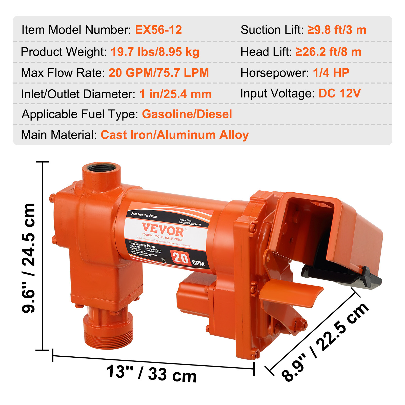 VEVOR Fuel Transfer Pump Gasoline Pump 20GPM 12V for Transfer of Gasoline Diesel