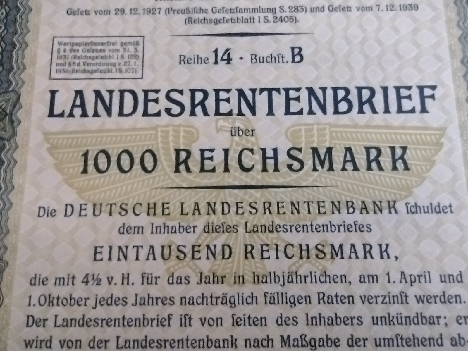 1939 Nazi German 1000 Reichsmark Pension Fund Treasury Bond with Swastika