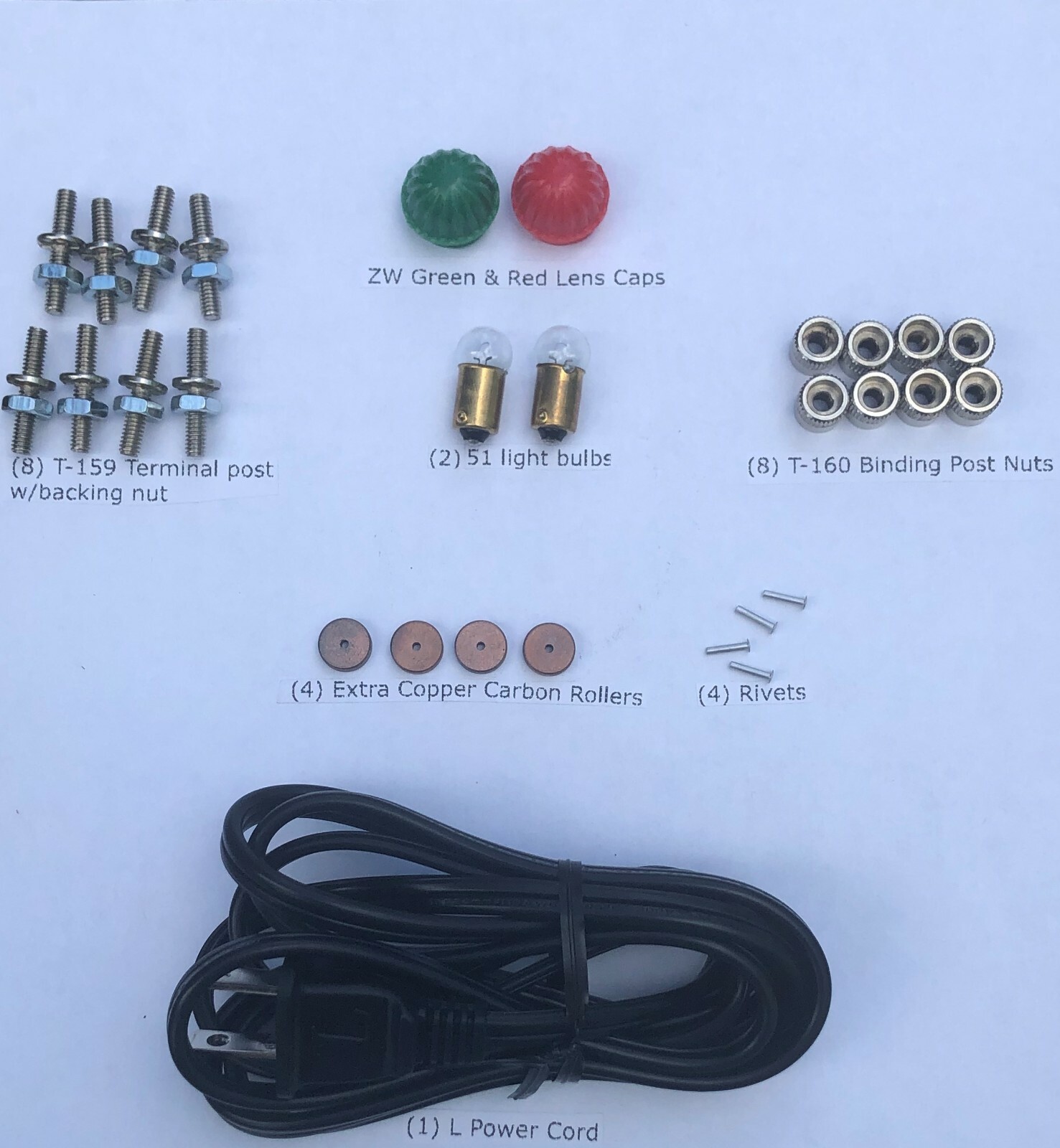 Lionel ZW Transformer Repair Kit  (L cord,T-159, T-160,lens caps Bulbs & rollers