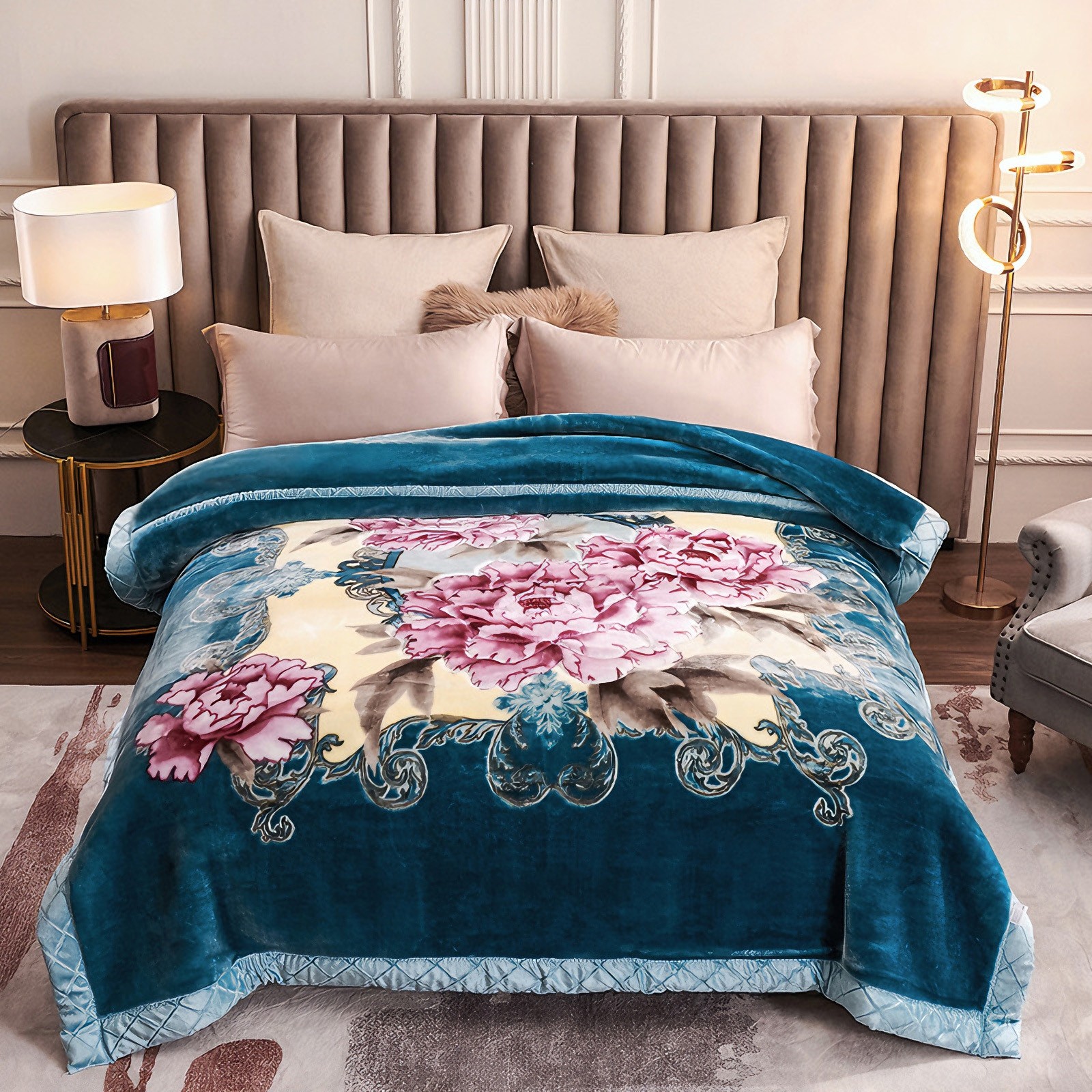 Reversible Korean Mink Blanket Printed Flannel Throw Blanket Full Queen Heavy