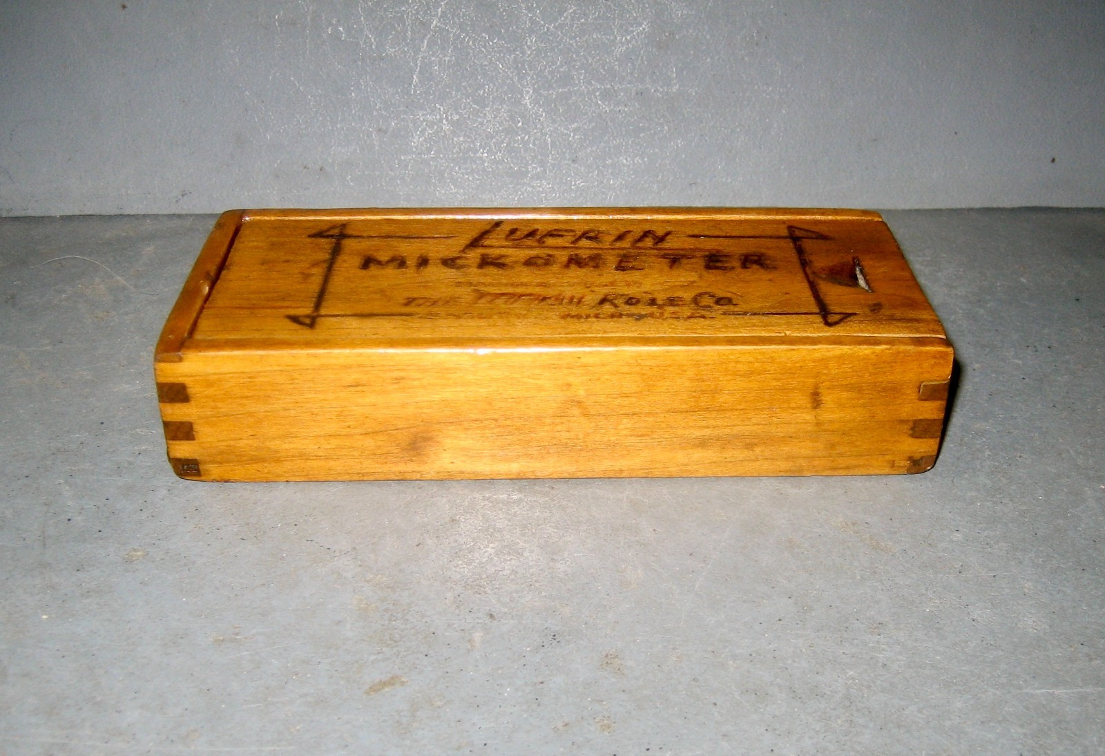 Lufkin Micrometer Wood Storage Box with garage humor: spelled Lufrin Mickometer