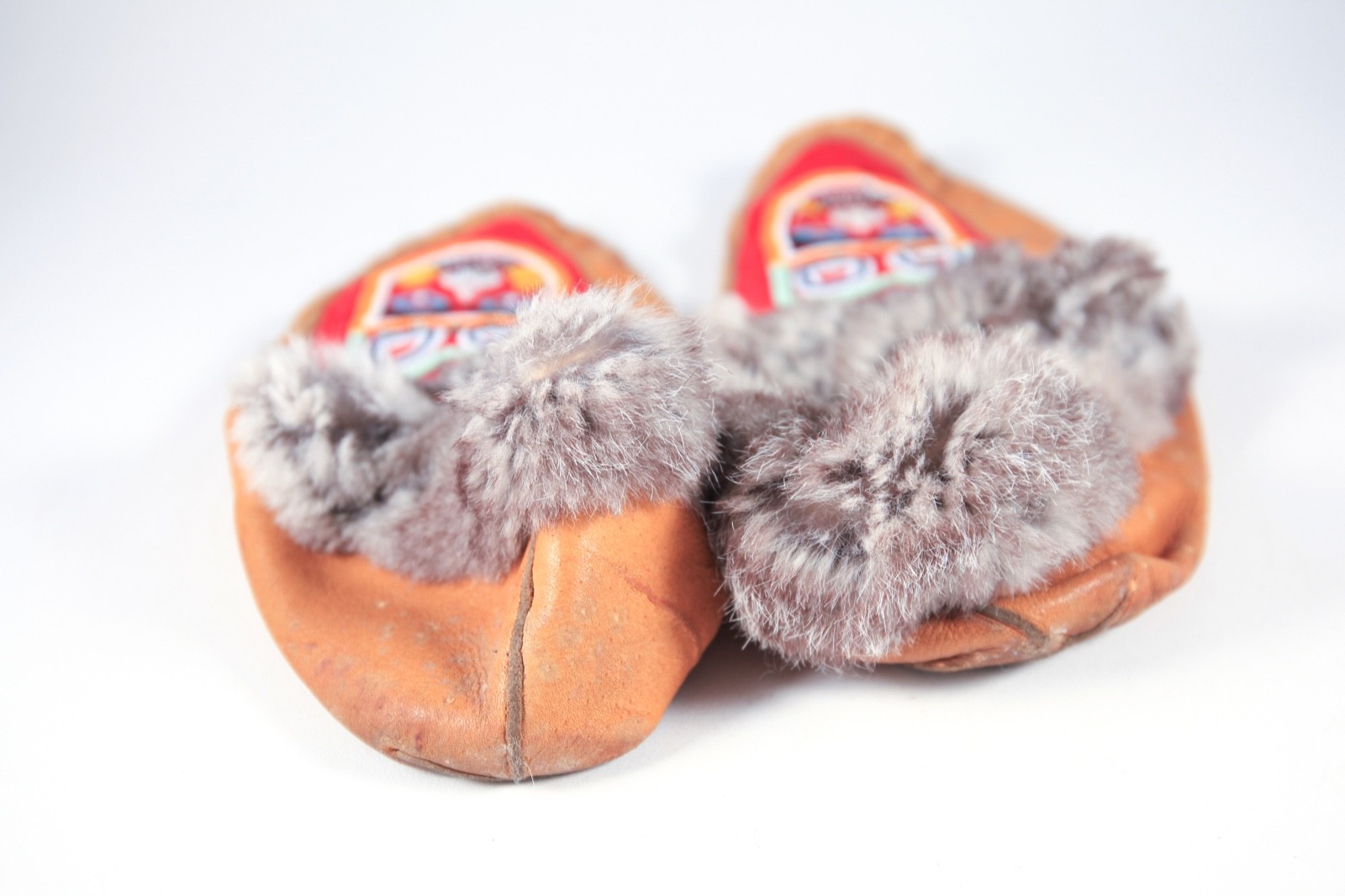 Antique Native American Northwest Coast Indian Old Beaded Moccasins Leather Fur