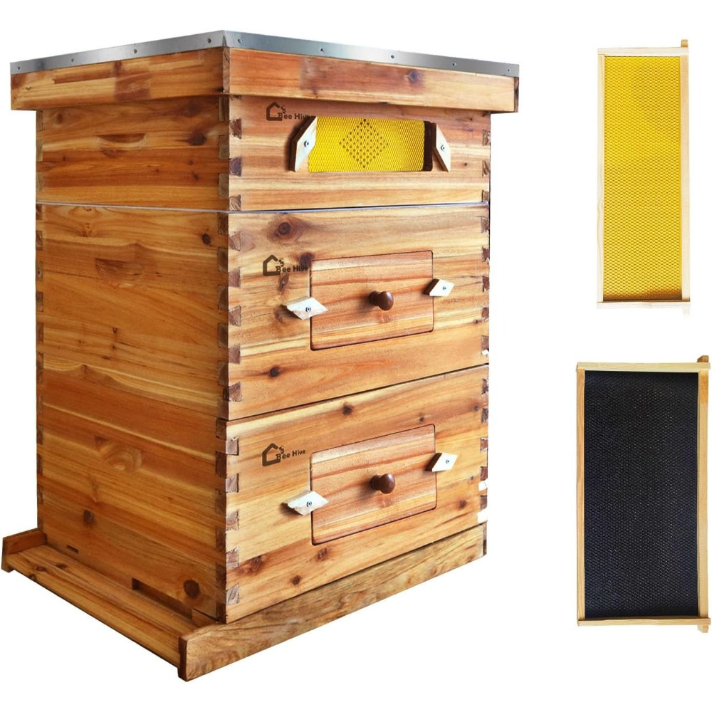 10 Frame Bee Hive Coated + Beeswax Beehive Kit Include 2 Deep & 1 Medium Bee Box