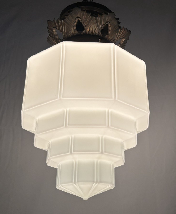 Skyscraper Light Fixture Ceiling Flush Brass Vtg Art Deco Glass Shade USA #L39