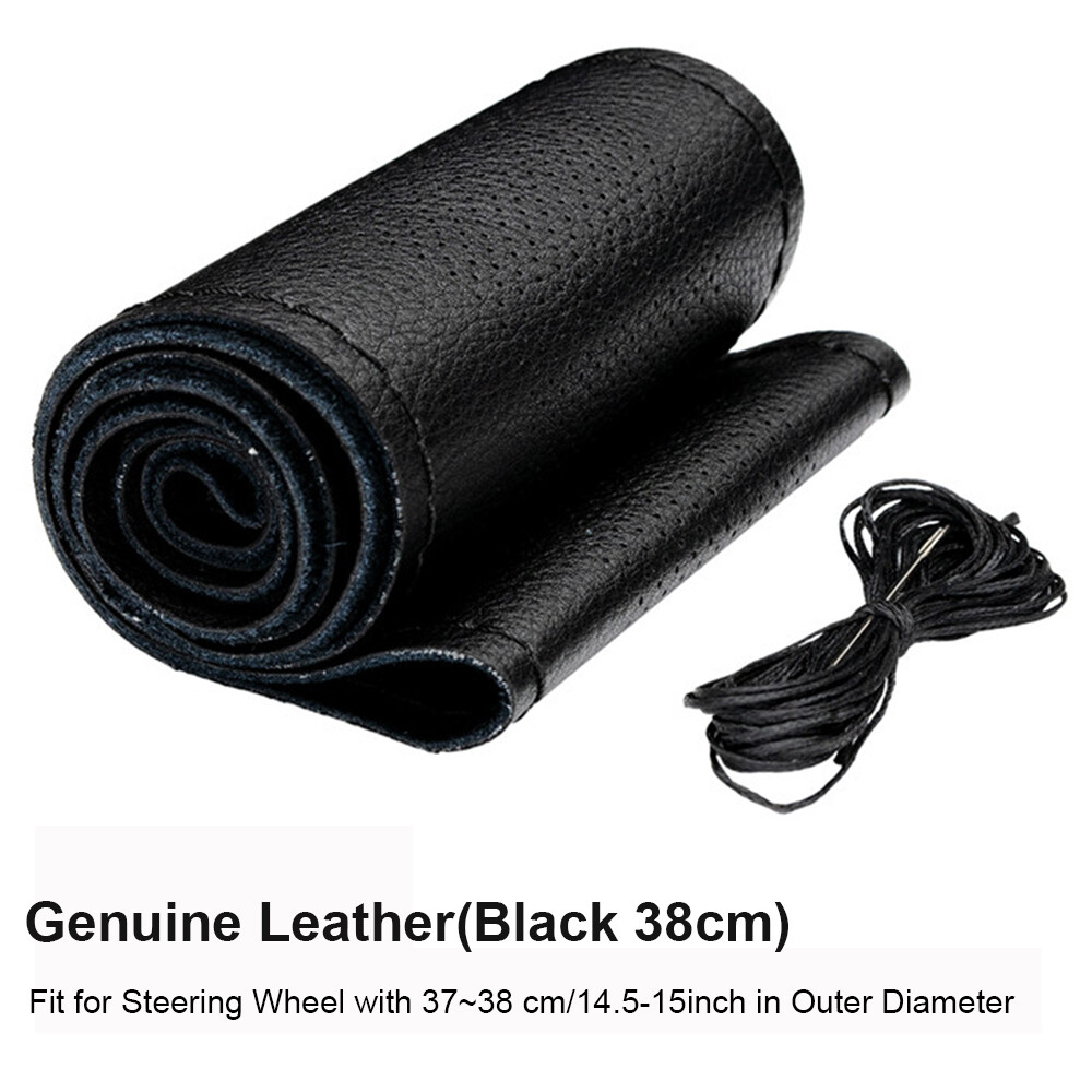 DIY Genuine Leather Steering Wheel Cover Non-slip Needle & Thread Protector 15"