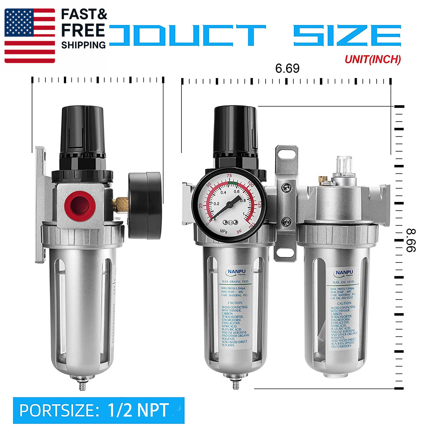 1/2" NPT Air Filter Pressure Regulator Lubricator Dryer Gauge Kit Water/Oil Trap