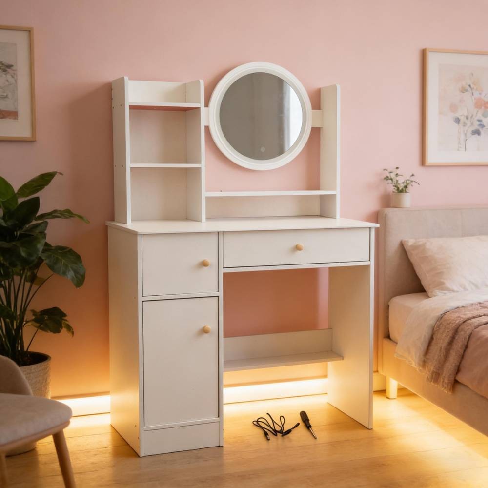 White Vanity Desk with Lights and Mirror Makeup Table Multifunction with Drawer