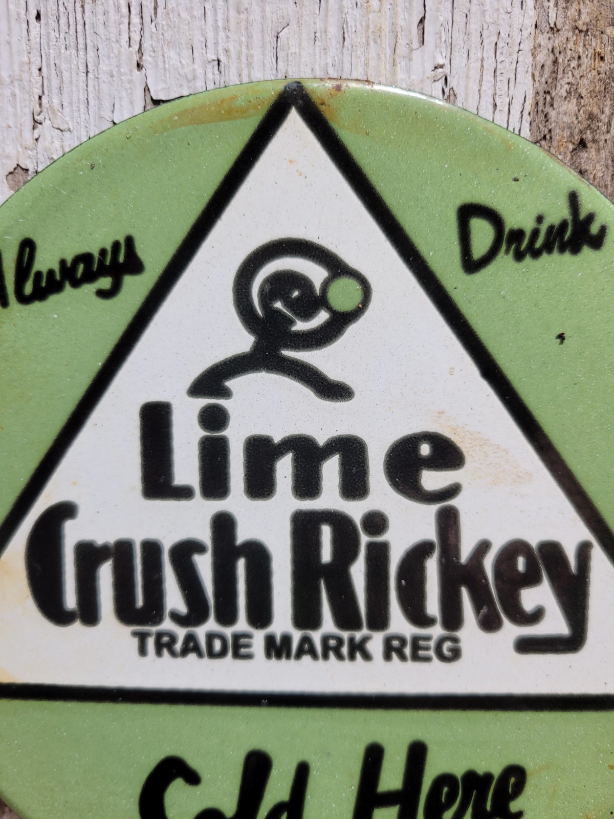 VINTAGE CRUSH PORCELAIN SIGN OLD LIME RICKEY SODA COLA POP BEVERAGE SOLD HERE