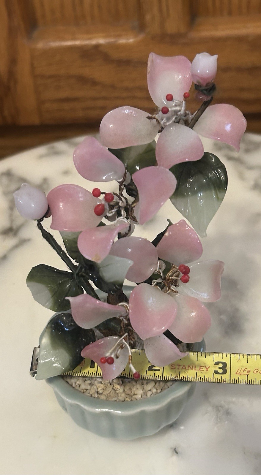 VTG Chinese Jade Glass Leaves Pink Cherry Flowers Bonsai Tree Green Celadon Pot