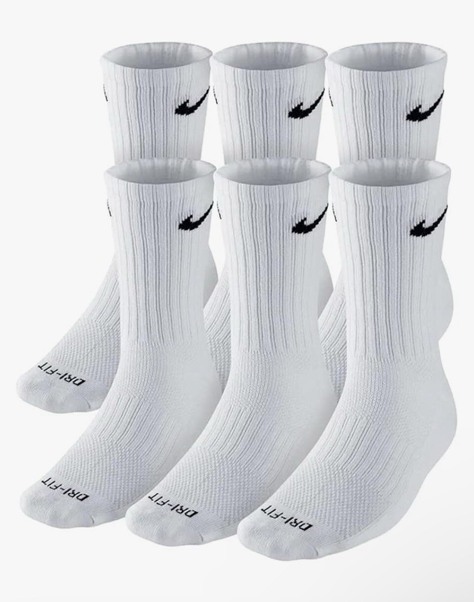 Nike Dri Fit Dry Cushioned Cotton Crew Socks 6 Pairs LARGE WHİTE