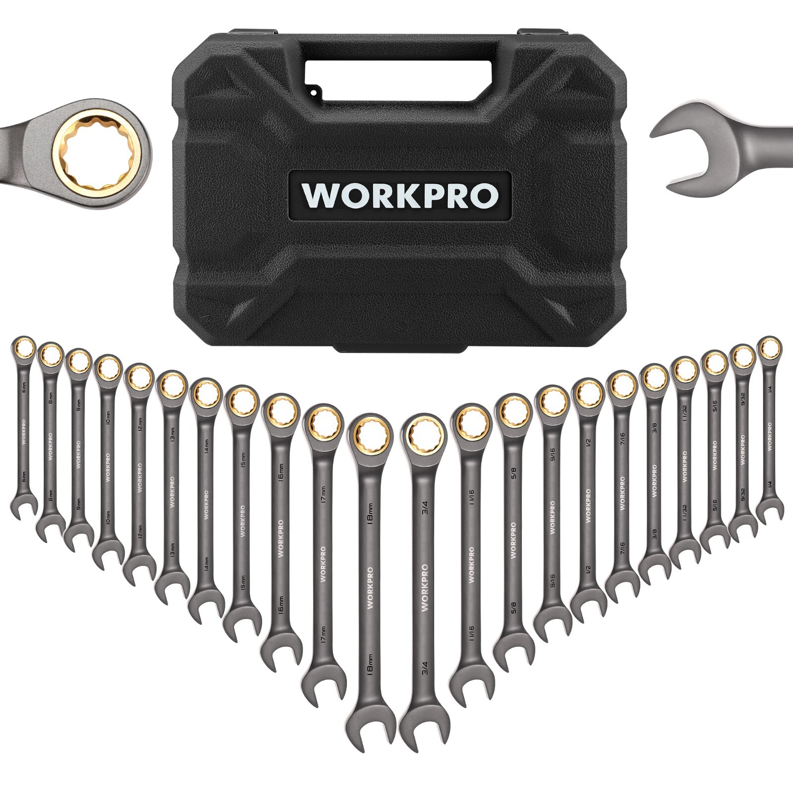 WORKPRO 22PC Ratcheting Wrench Set Combination Wrench with Organizer Box 72Teeth
