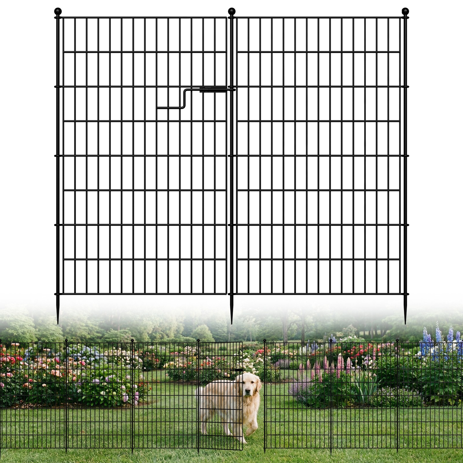 No Dig Decorative Garden Fence with Gate - 7/13 Panels, 40in H, Rustproof Metal