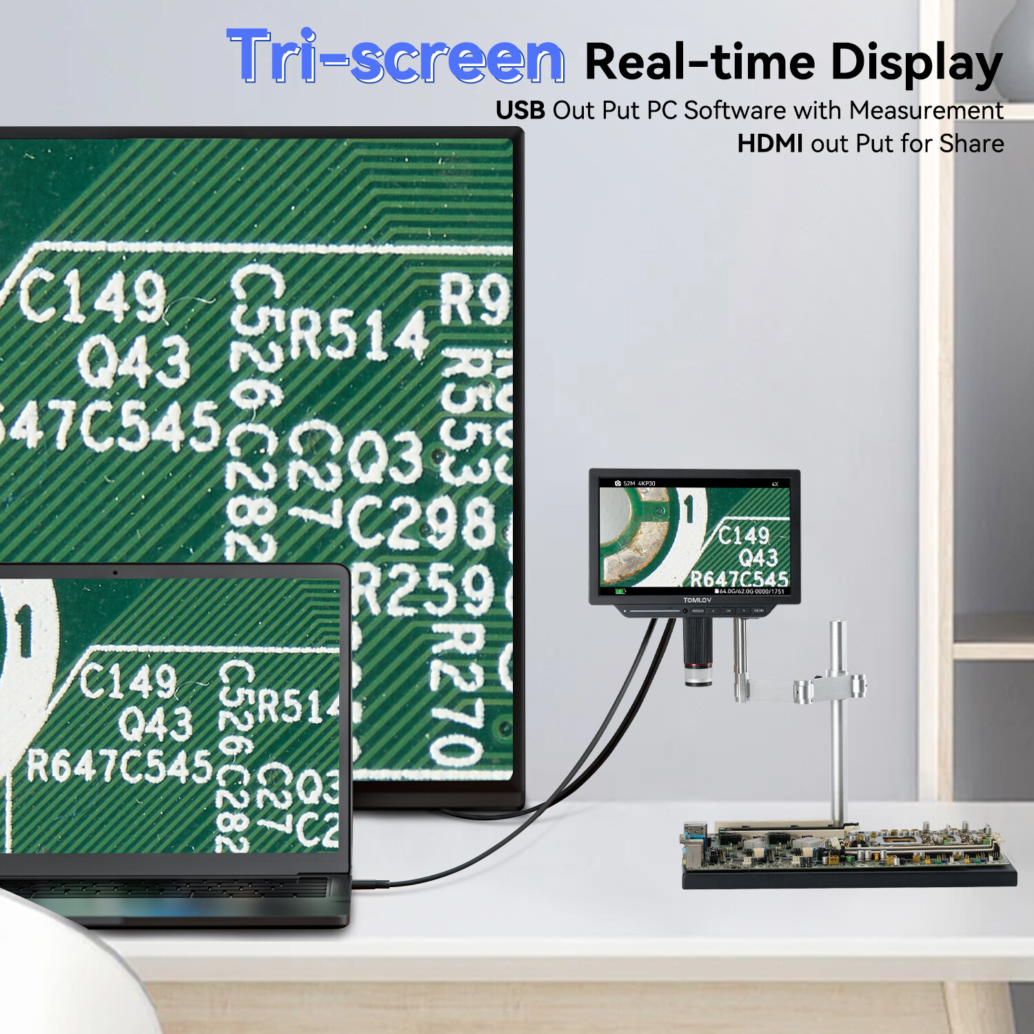 TOMLOV 4K LCD Digital Microscope 2000X 10.1'' HDMI Coin Microscope 52MP Spin Arm