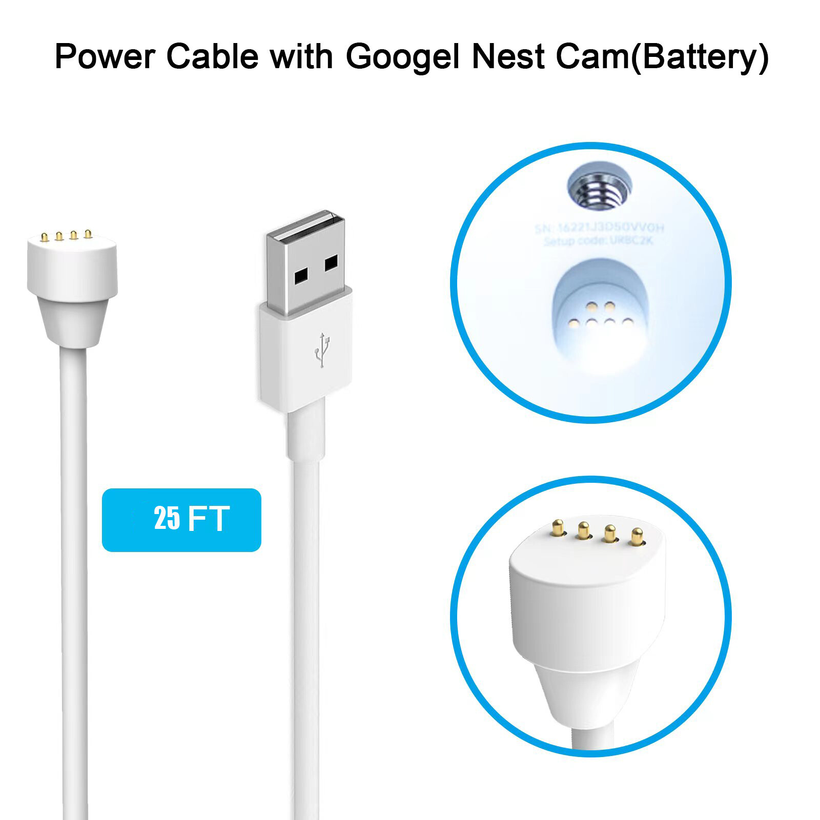 25ft/7.6m Weatherproof Charge Cable for Google Nest Cam camera (battery) outdoor