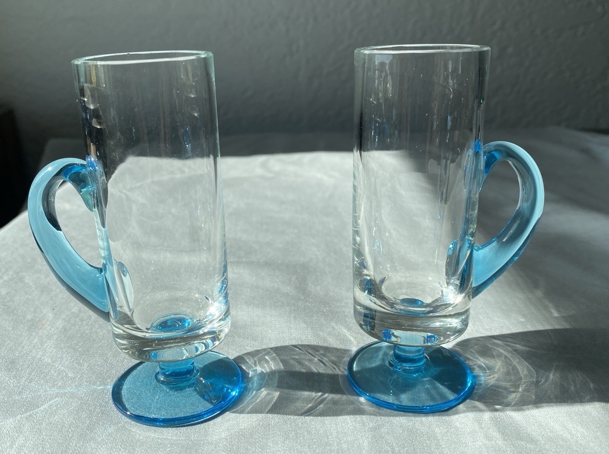 MCM Cylindrical Hand Blown Shot Glasses With Blue Handles And Bases - Set Of 2