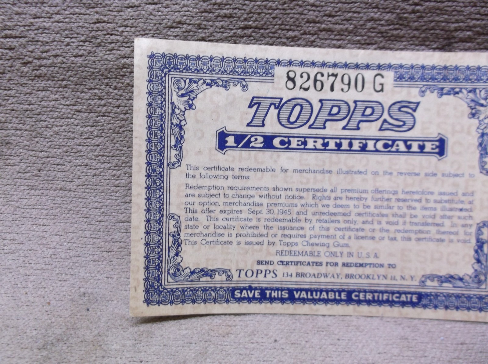 VINTAGE COLLECTIBLE 1945 TOPPS CHEWING GUM US VICTORY STAMPS 1/2 CERTIFICATE