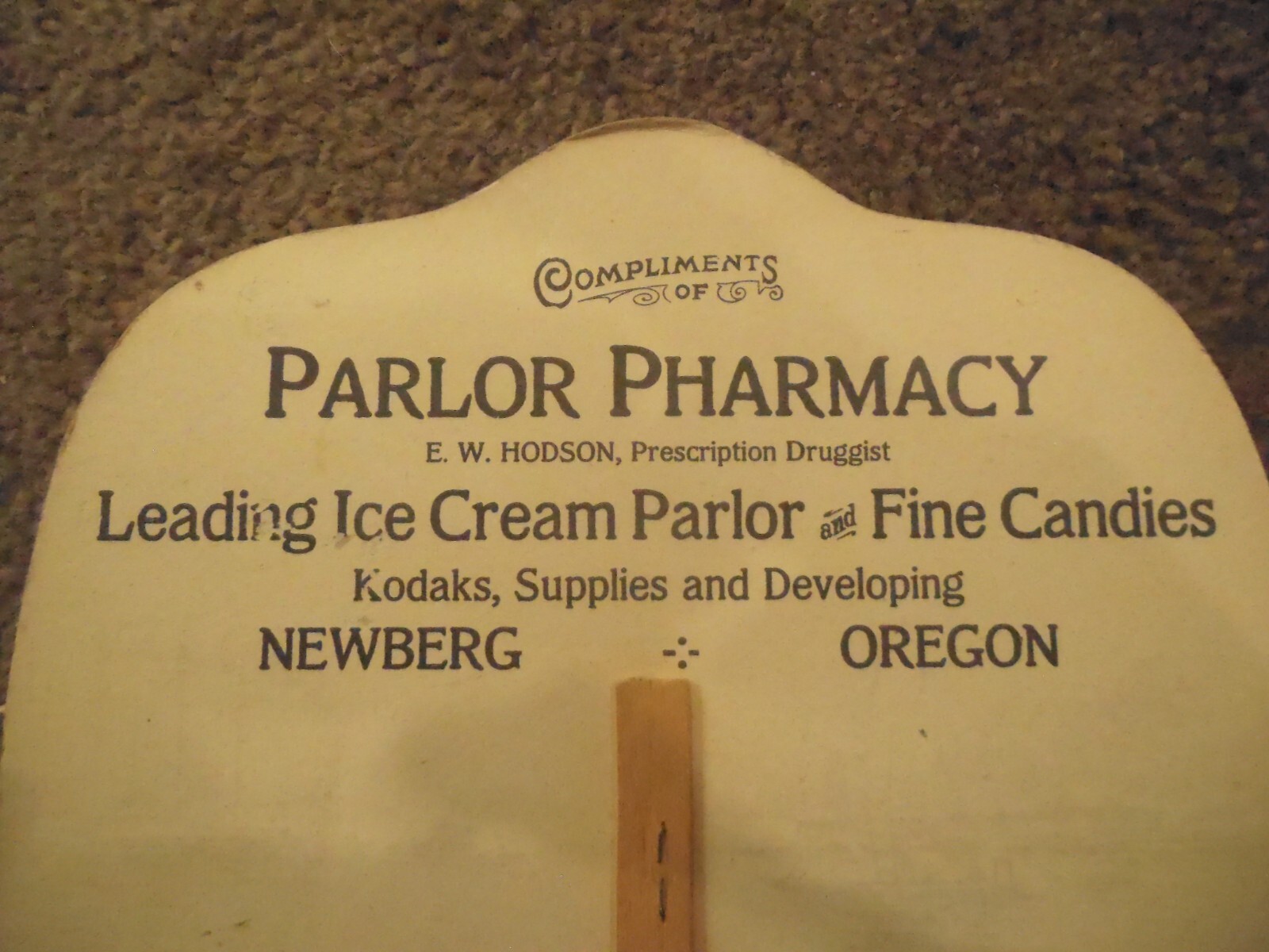 PARLOR PHARMACY NEWBERG OREGON ADVERTISING FAN 1920S EXCELLENT