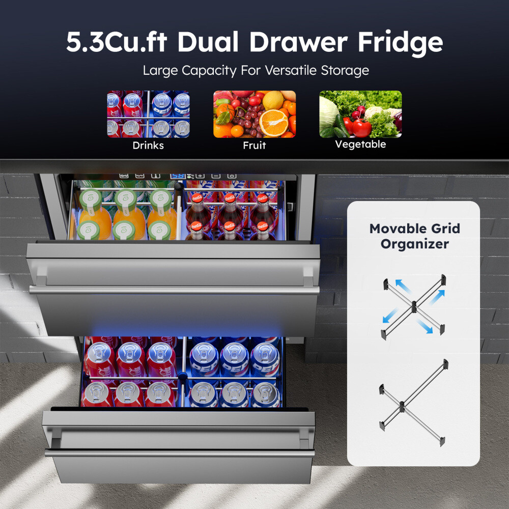 24 Inch Under Counter Refrigerator Double Drawer Beverage Fridge Stainless Steel