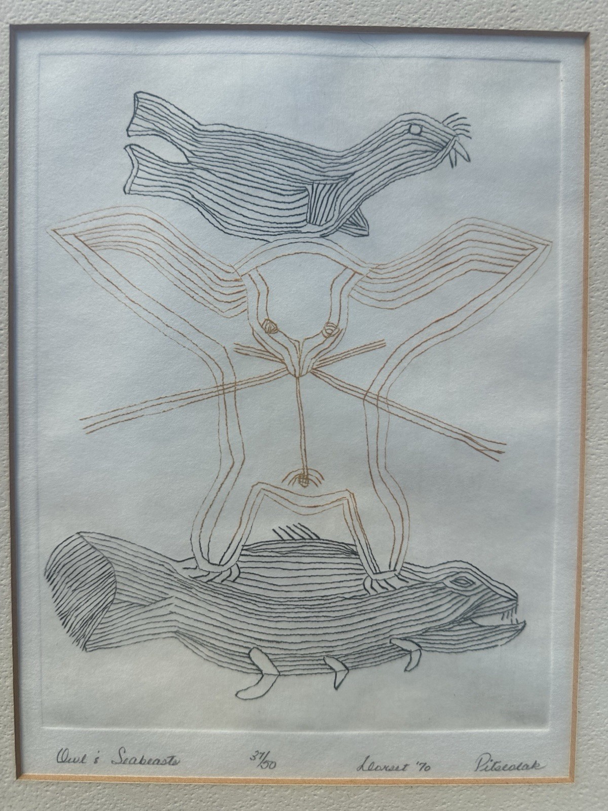 1970 Pitseolak "Owl and Sea Beasts" 37/50 Cape Dorset Native Rare American Art