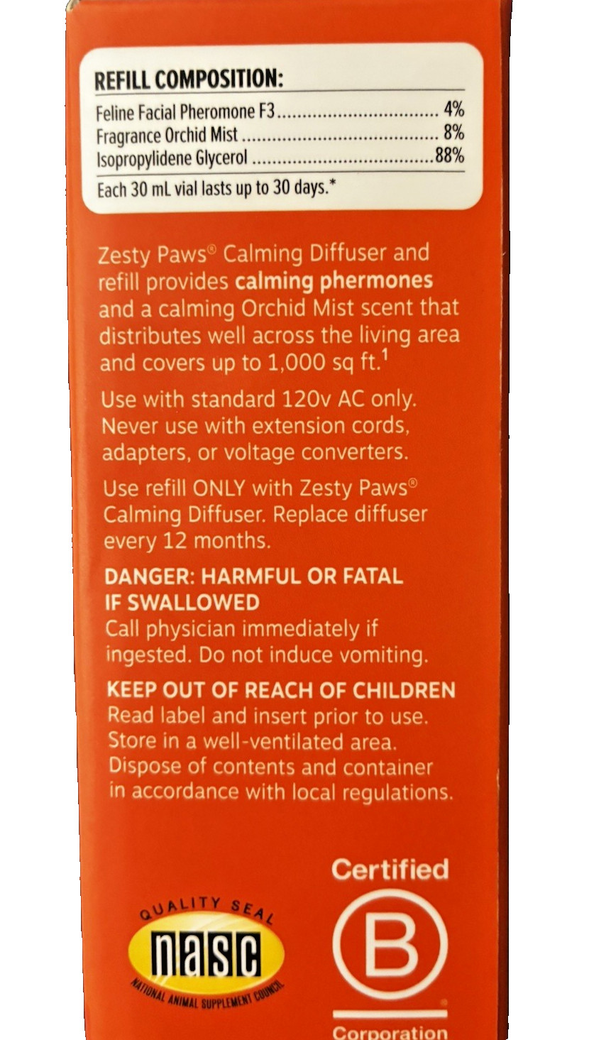 Zesty Paws Calming Diffuser for Cats – Orchid Mist Scent – 30 Day Plug-In