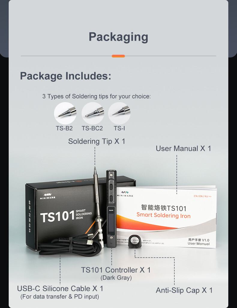 TS101 Soldering Iron Set B2/BC2/I Tips 65W Temperature Adjustable 50-400℃ USB-C