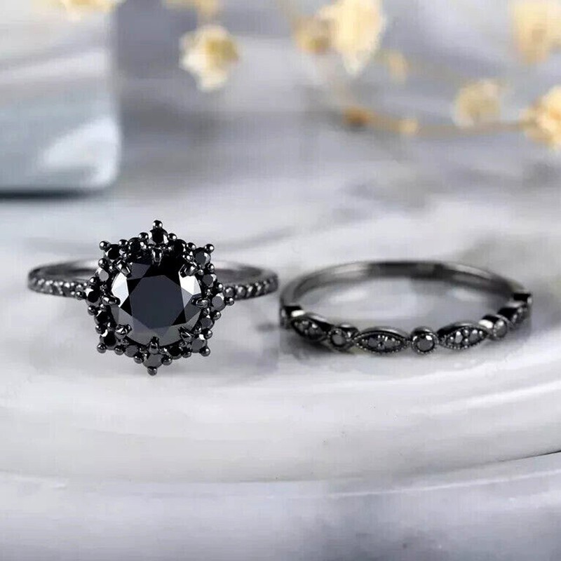 2.10Ct Round Black Diamond Bridal Set Gothic Engagement Ring Black Finish Silver