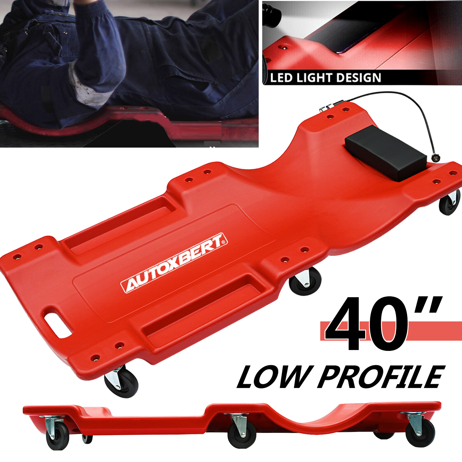 40" Low Profile Mechanic Creeper LED Light Auto Repair Automotive Rolling Garage