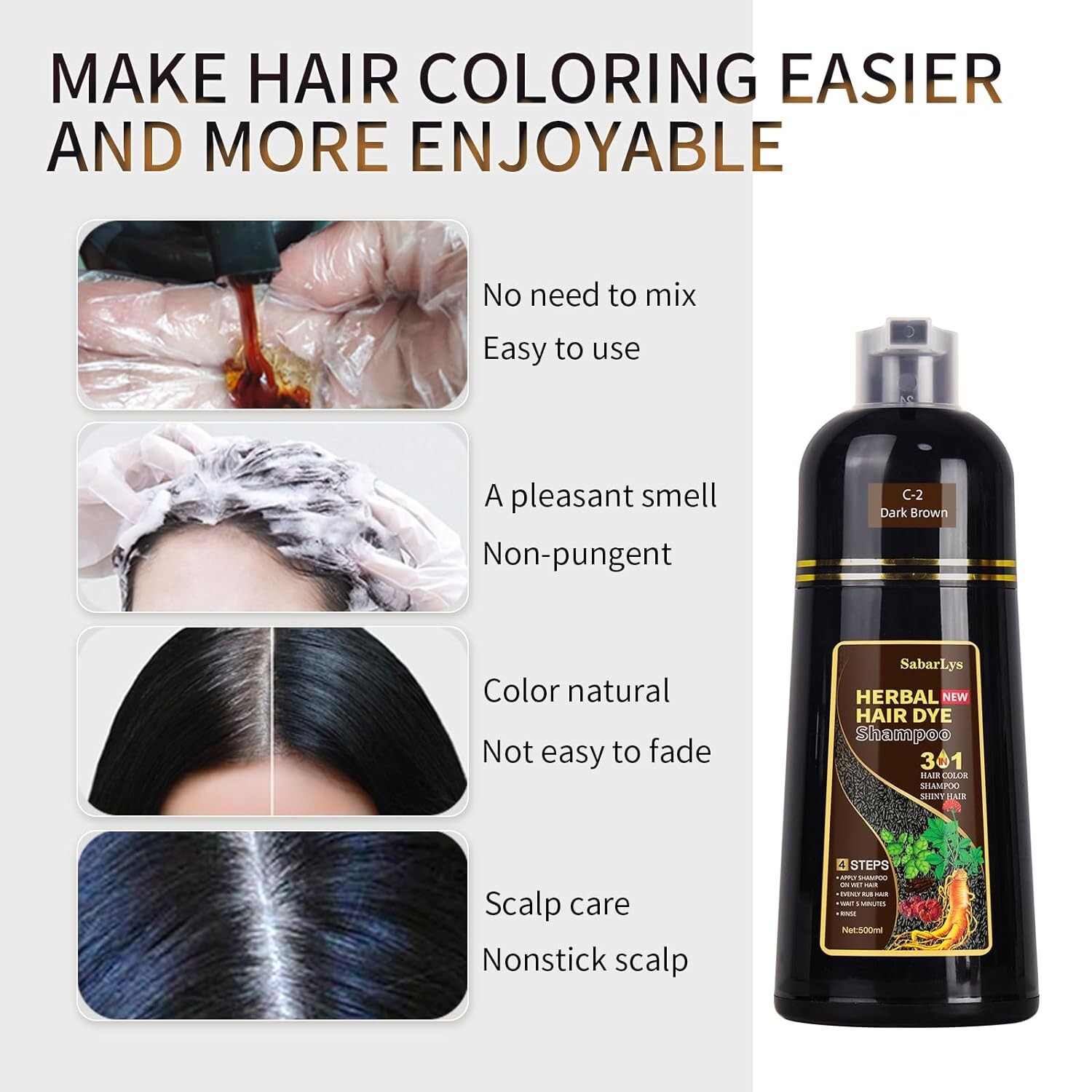 Hair Dye Shampoo 3 in 1 for Women & Men 100% Gray Hair Coverage Champu Con Tinte