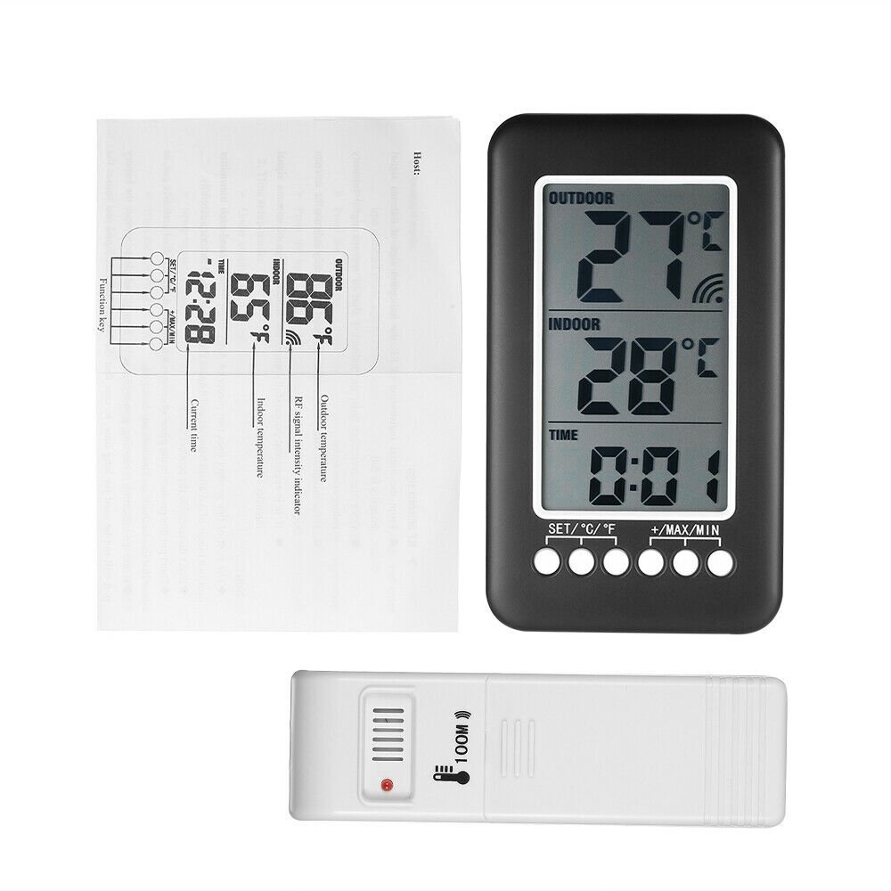 LCD Digital Indoor/Outdoor Thermometer Clock Wireless Temperature Meter Monitor