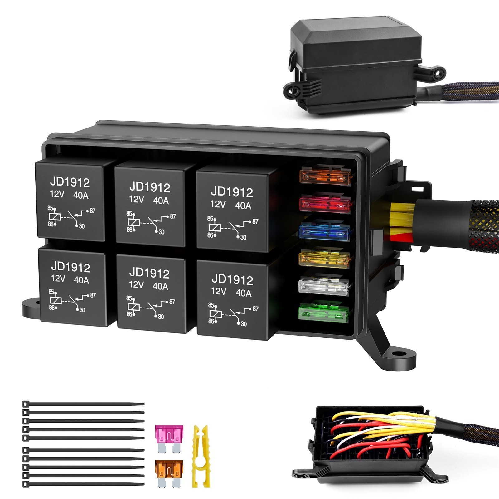Universal 12V Waterproof Automotive 6 ATO Fuse Relay Box Block w/ Harness Marine