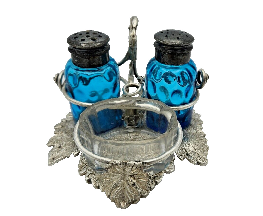 Antique sterling silver Hand-Made Stand w/Salt & Pepper Shakers & Salt Cellar