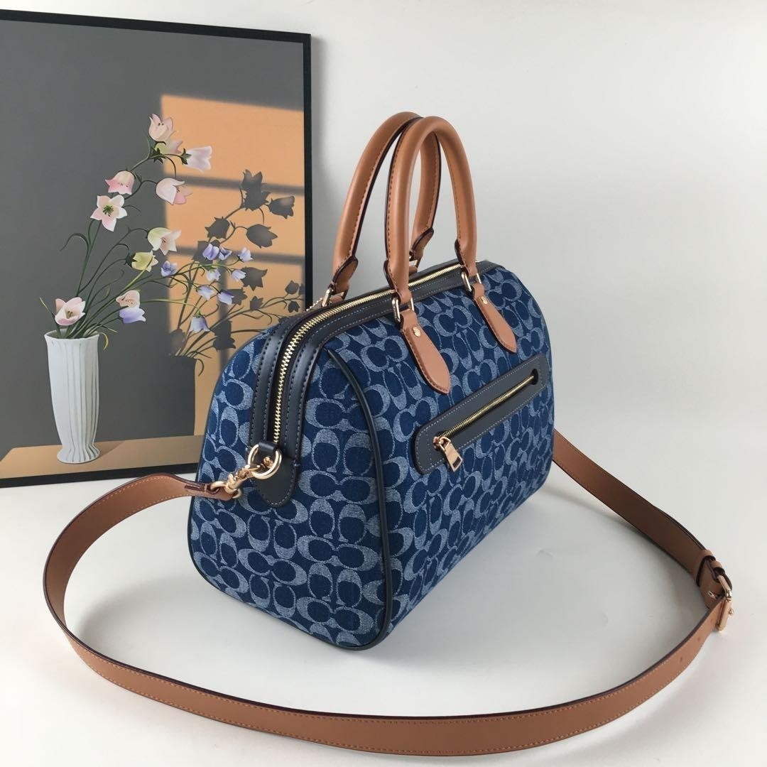 COACH CY699 Rowan Large Satchel Bag Signature Canvas Blue Brown Outlet New