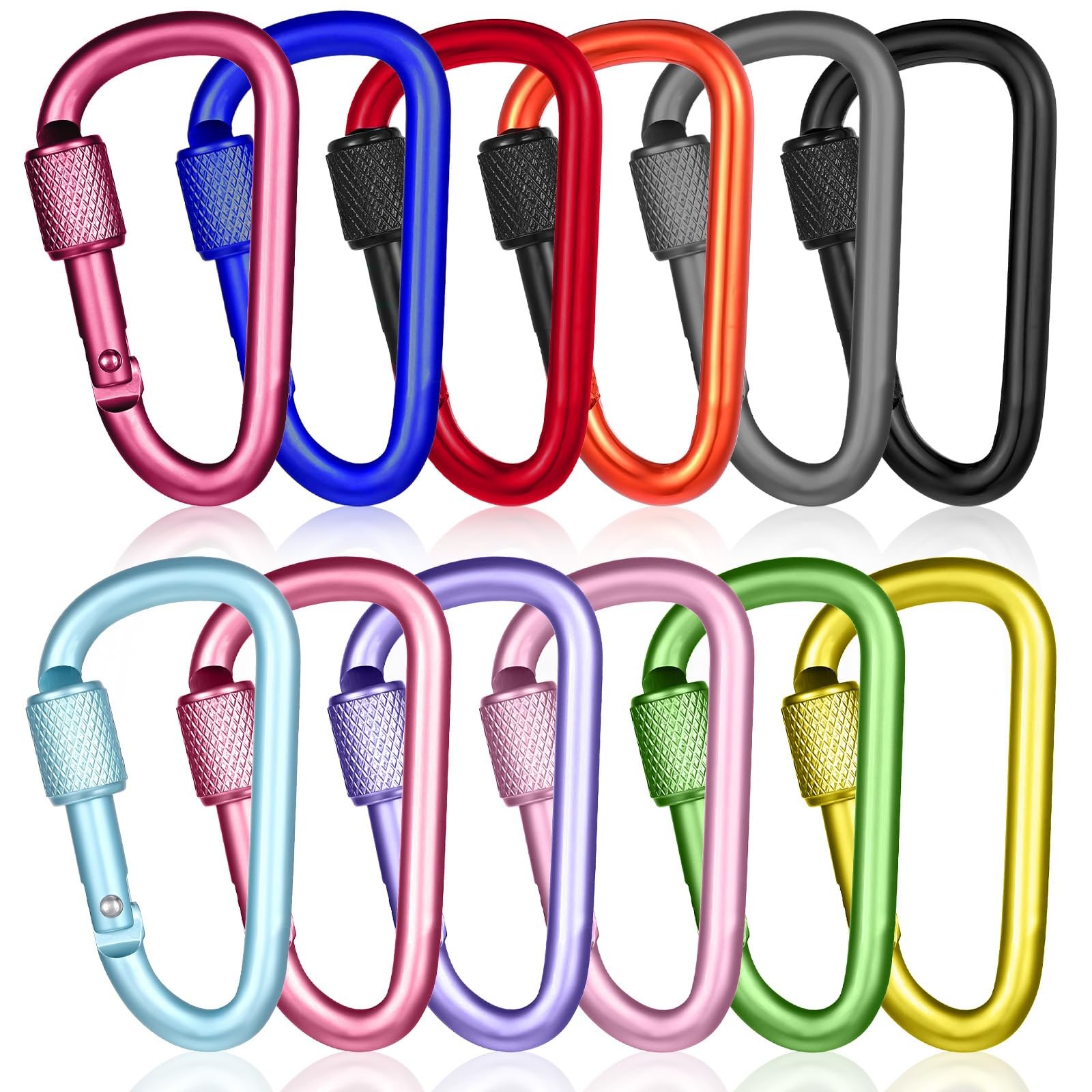 12 Pcs D-Shape Carabiner Clasp, 2.2inch Locking Carabiner Clip with Screw Gat...