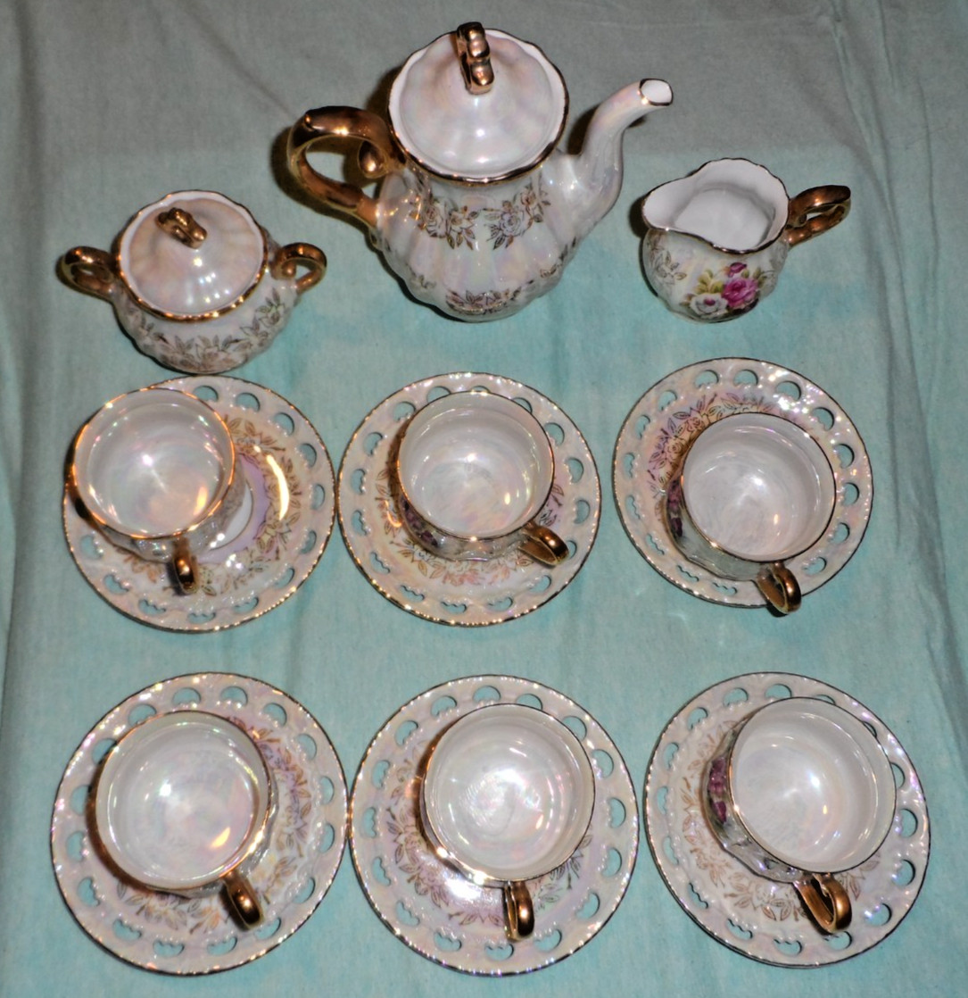 VINTAGE Fresh Iridescent China Tea Set-15 pcs-COMPLETE-Hand Painted Japan-BEAUTY