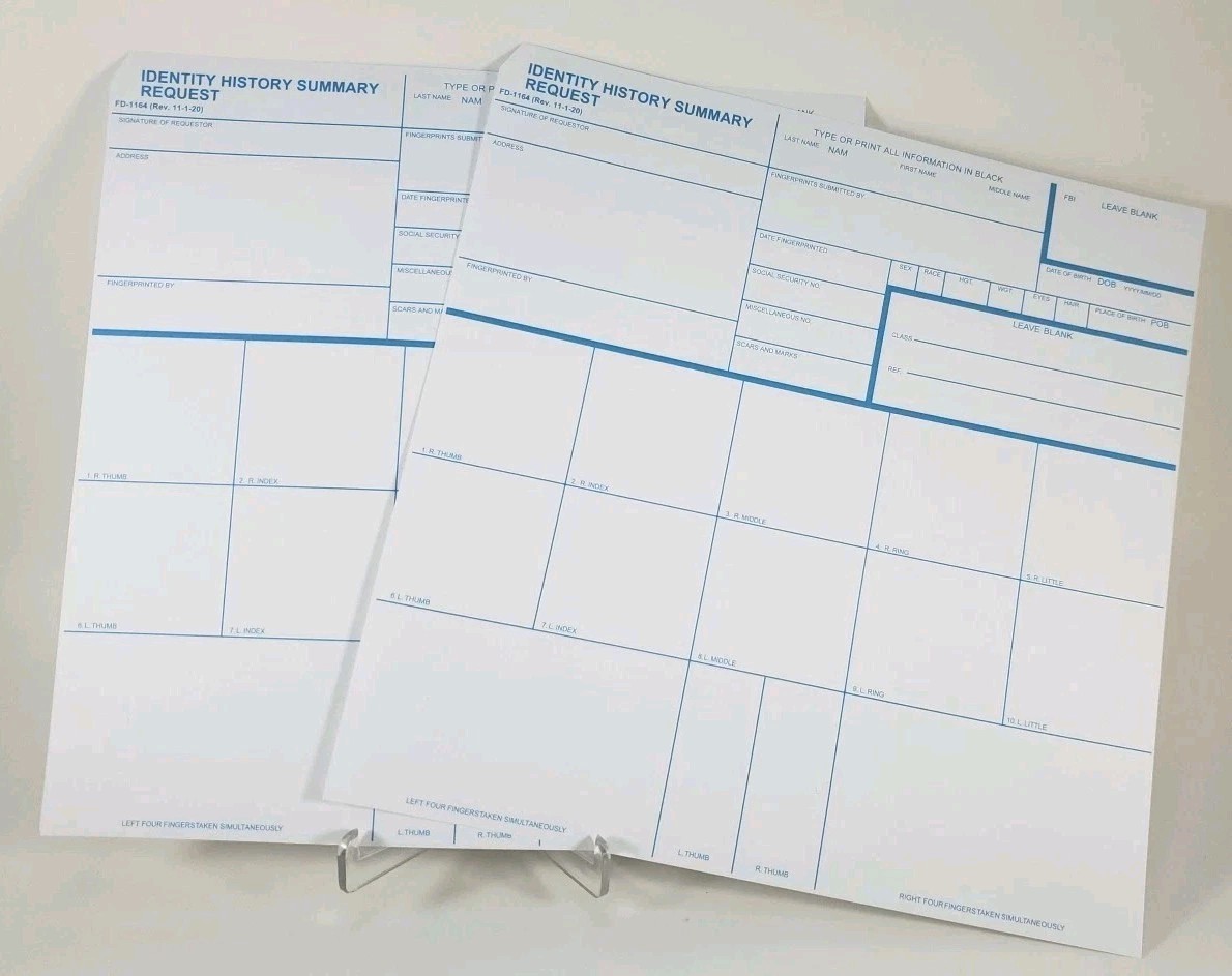 2 Pack FD-1164 Fingerprint Cards for FBI Background Check / Identity Summary (2)