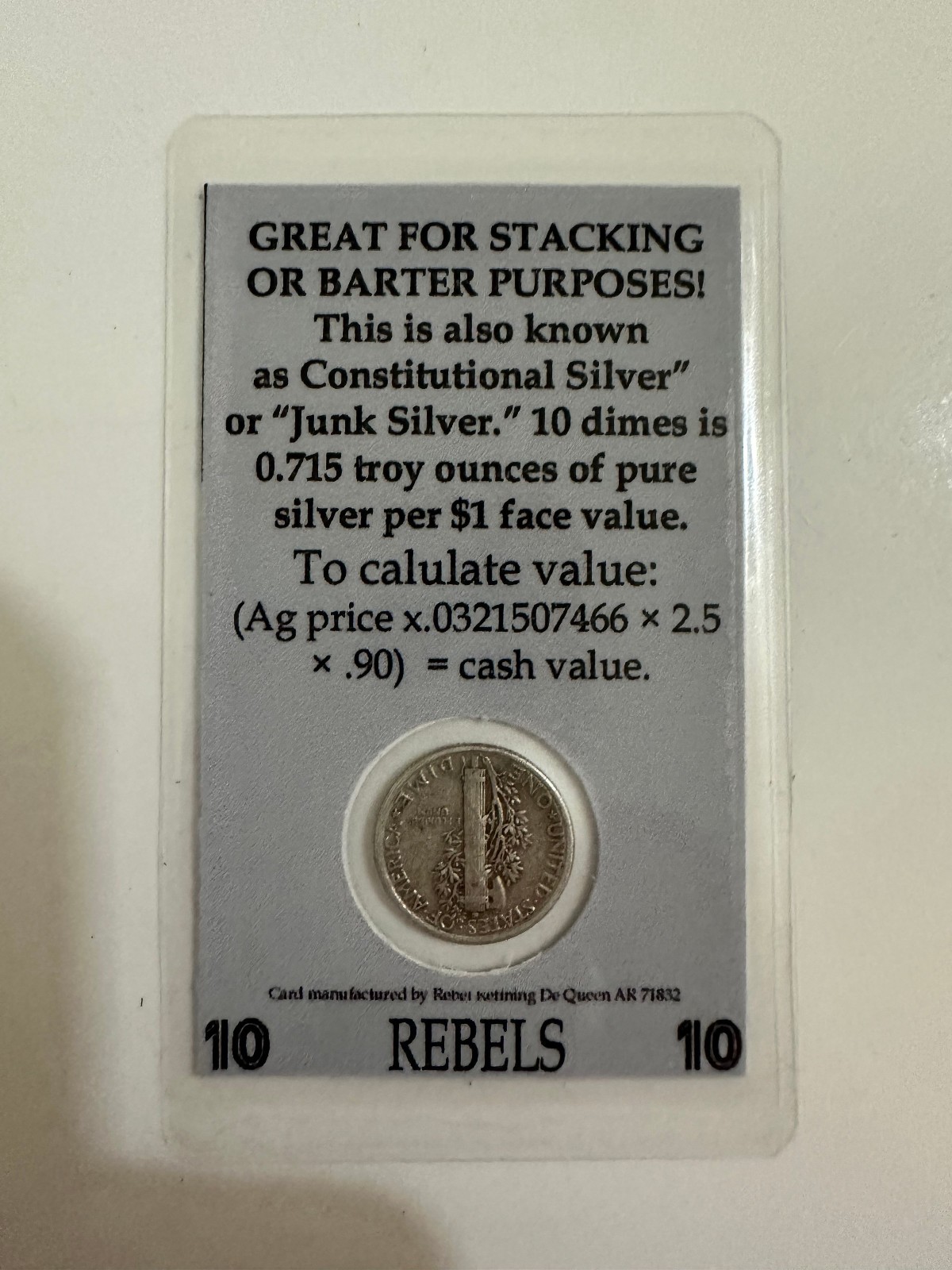 One 90% Silver Mercury Dime – in Laminated Card - Perfect Barter & Stacking